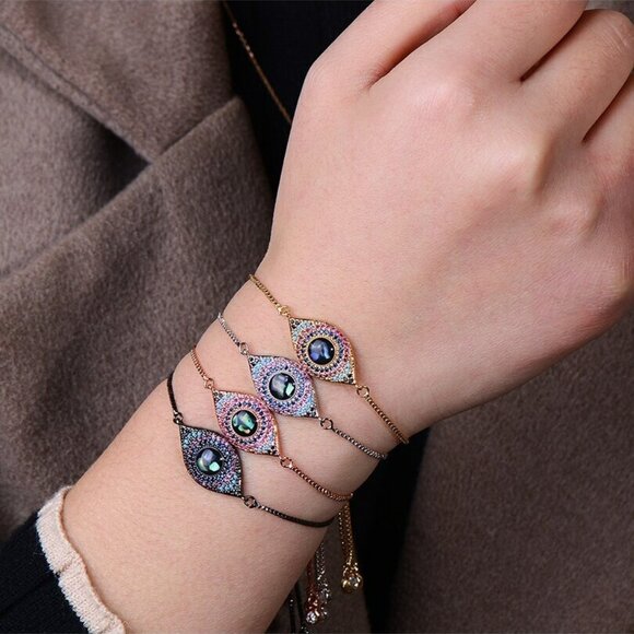 Evil Eye 18k Yellow Gold Multi-Color Sparkly Adjustable Bracelet - Picture 4 of 5